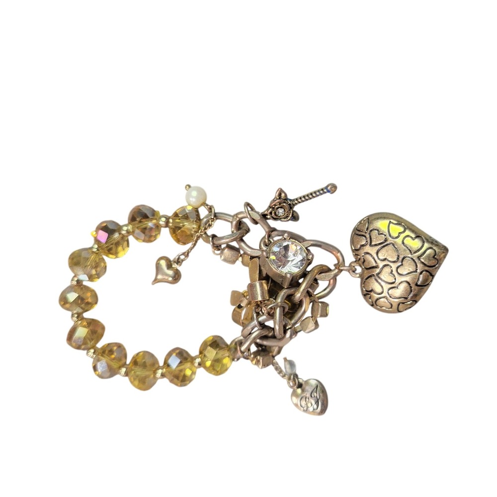 Betsey Johnson Charm Bracelet Womens OS Gold Yellow Heart Leopard Print Eclectic